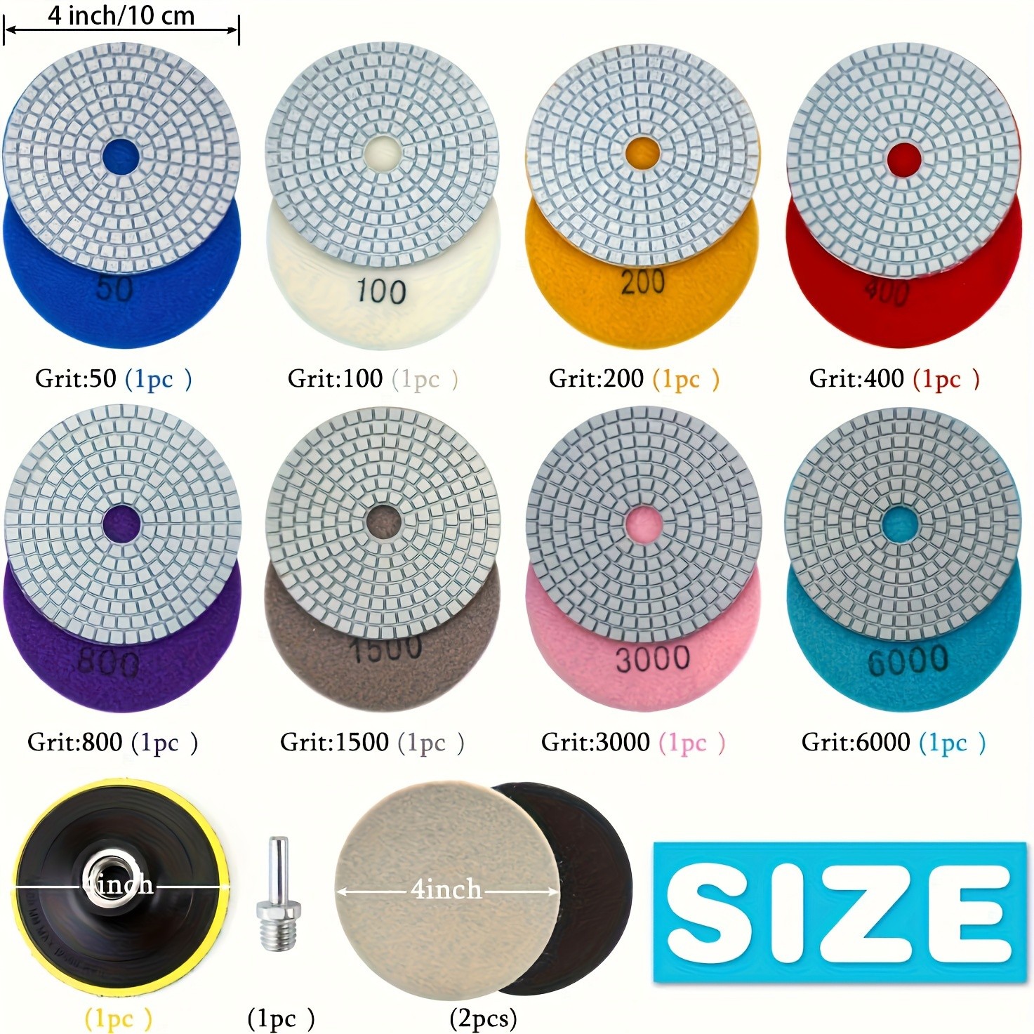 12pcs 4in Diamond Polishing Disc Set  Wet/Dry Grinding and Polishing Pads with 50-6000 Grit for Granite, Concrete, Marble, Stone Countertops, and Quartz Stone