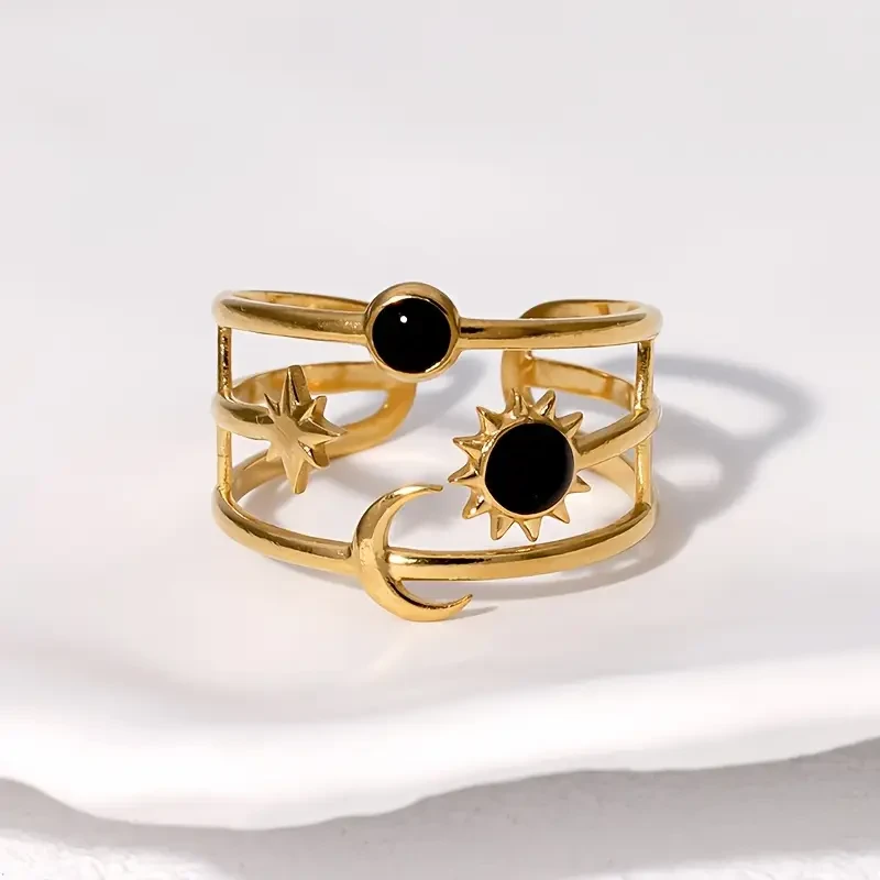 1pc Womens Adjustable Open Ring Minimalist Stainless Steel Bangle with Sun, Star & Moon Charms | Elegant, Durable Jewelry for Everyday & Formal Wear in NZ