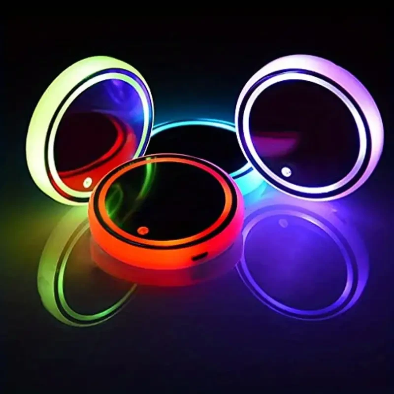 LED Car Cup Holder Lights - 7 Color Variations, USB Charging Pads & Coasters