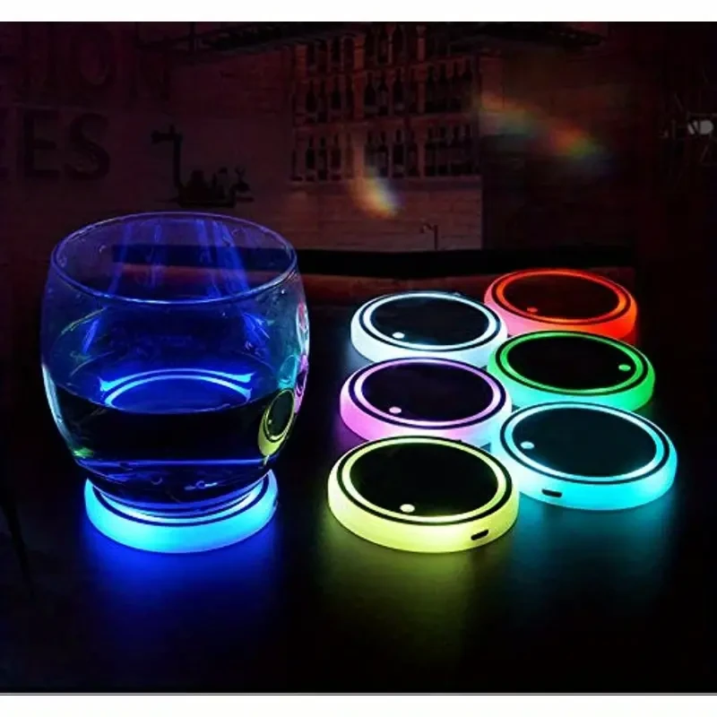 LED Car Cup Holder Lights - 7 Color Variations, USB Charging Pads & Coasters