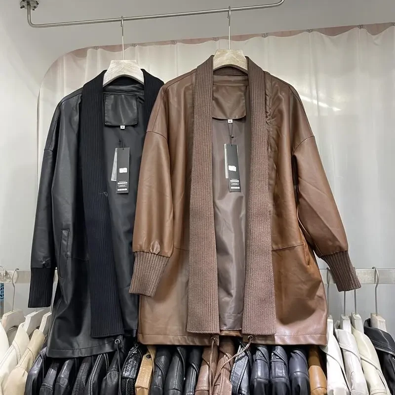 Knitted Stitching Mid-length Leather Coat