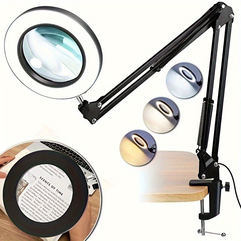 Versatile Large 10X Magnifying Glass With Light, 5-Inch Real Glass Stand Lighted Magnifier, 3 Color Modes Stepless Dimmable LED Magnifying Desk Lamp With Clamp, Hands-Free For Close Work Crafts Hobby