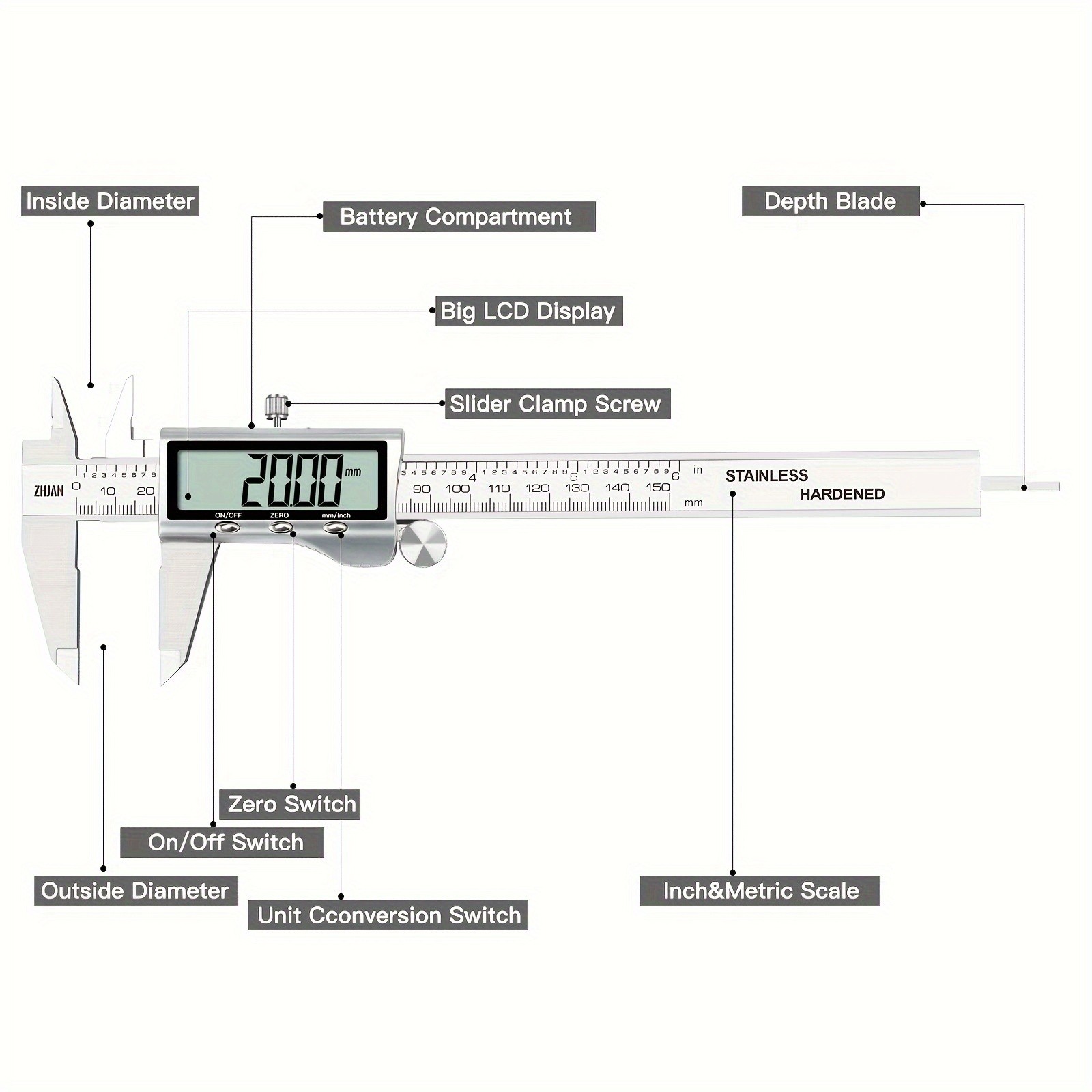 Stainless Steel Digital Caliper with Large LCD Screen and Automatic Closing Function - Measures in Inches and Millimeters (6 Inches /150 Mm) - Accurate and Easy to Use