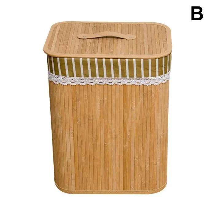 Folding Bamboo Storage Basket Large Storage Laundry Bin Box with Lid and Removable Lace