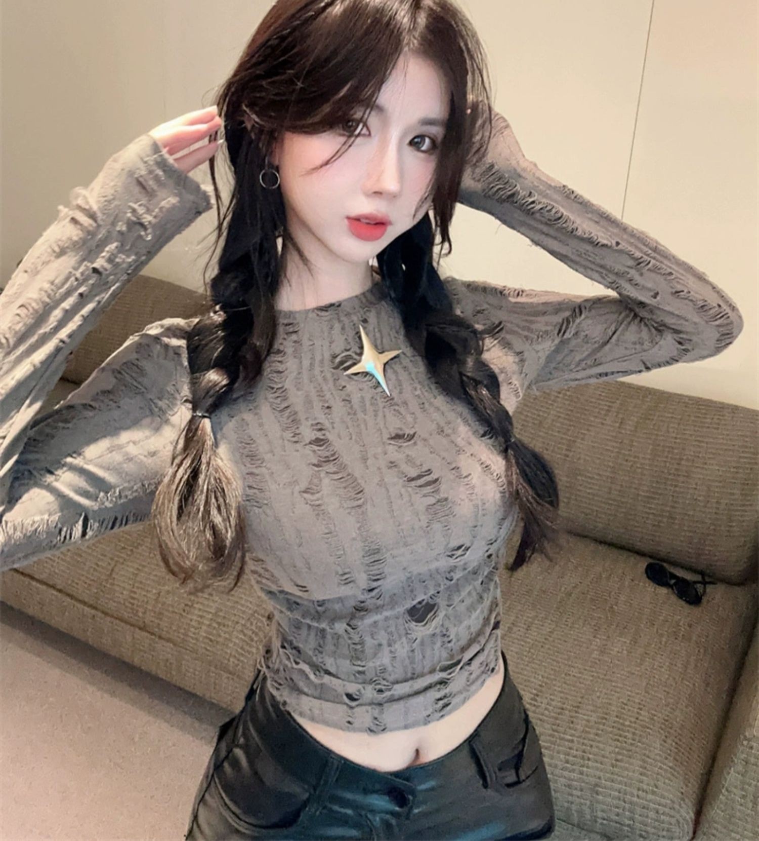 Autumn And Winter Ripped Hollow-out Long-sleeved Bottoming Shirt Inner Wear