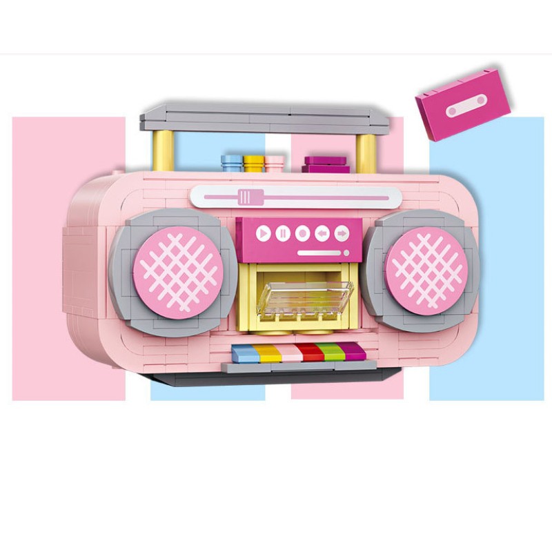 Small Particle Building Blocks Pink Mini Tape Recorder Model Inserting Building Blocks