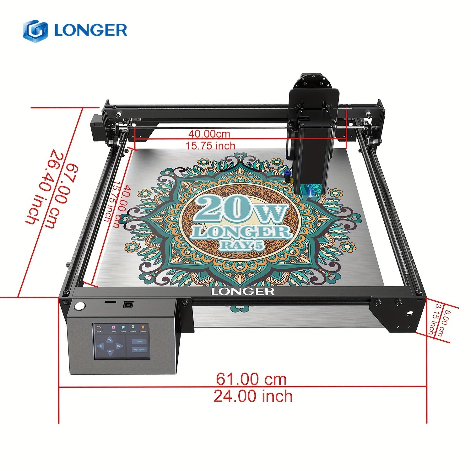 Longer RAY5 Laser Engraver 20000mW Output Power, 3.5" Touch Screen, APP Offline Control, DIY Engraver Tool for Metal, Glass, Wood, Engraving Area 15.75"x14.37"