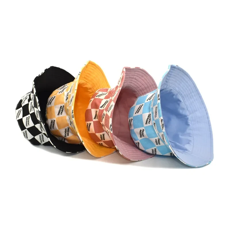 Letter Plaid Bucket Hat Women's Fashion Double-sided Wear Bucket Hat