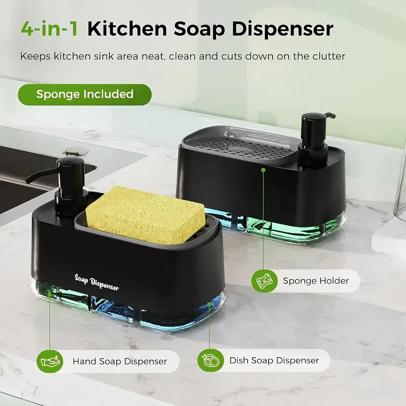 4-in-1 Kitchen Soap Dispenser Set with Sponge Holder - Dual Hand and Dish Soap Dispenser