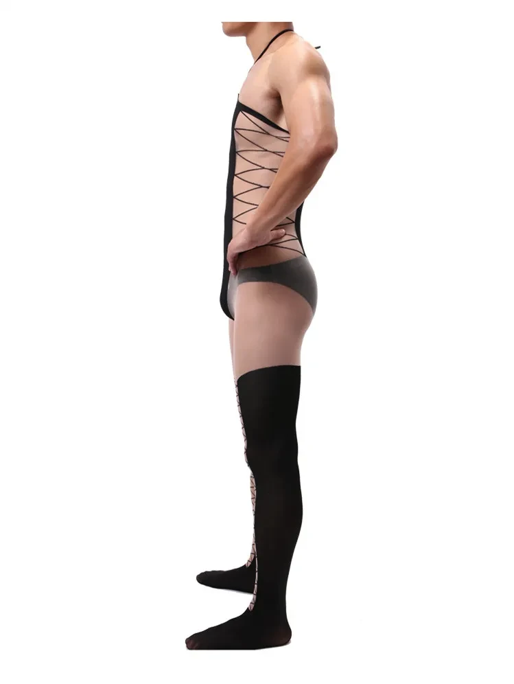Men's Jacquard Sling One Piece Stockings Hollow Silky Transparent