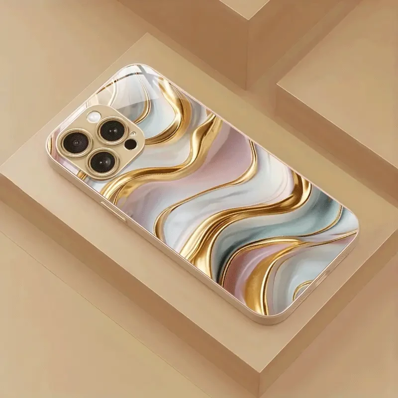 Scratch-Resistant Metal Paint Tempered Glass Case | Simple Design Golden Protective Cover