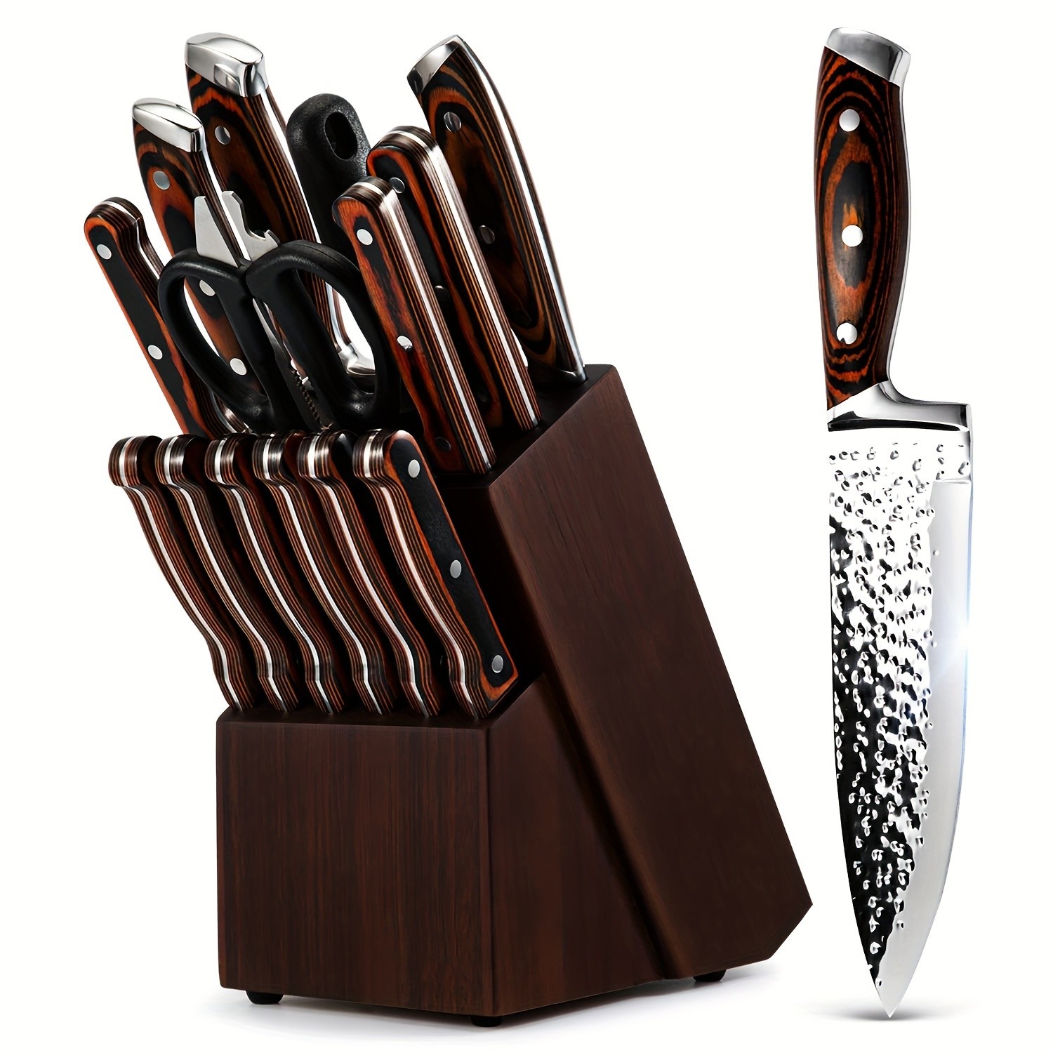 15-Piece Kitchen Knife Set with Wooden Block  Self-Sharpening Chef Knife Set, High Carbon Japanese Stainless Steel, Hammered Collection, Includes Steak Knives, Boxed Knife Set
