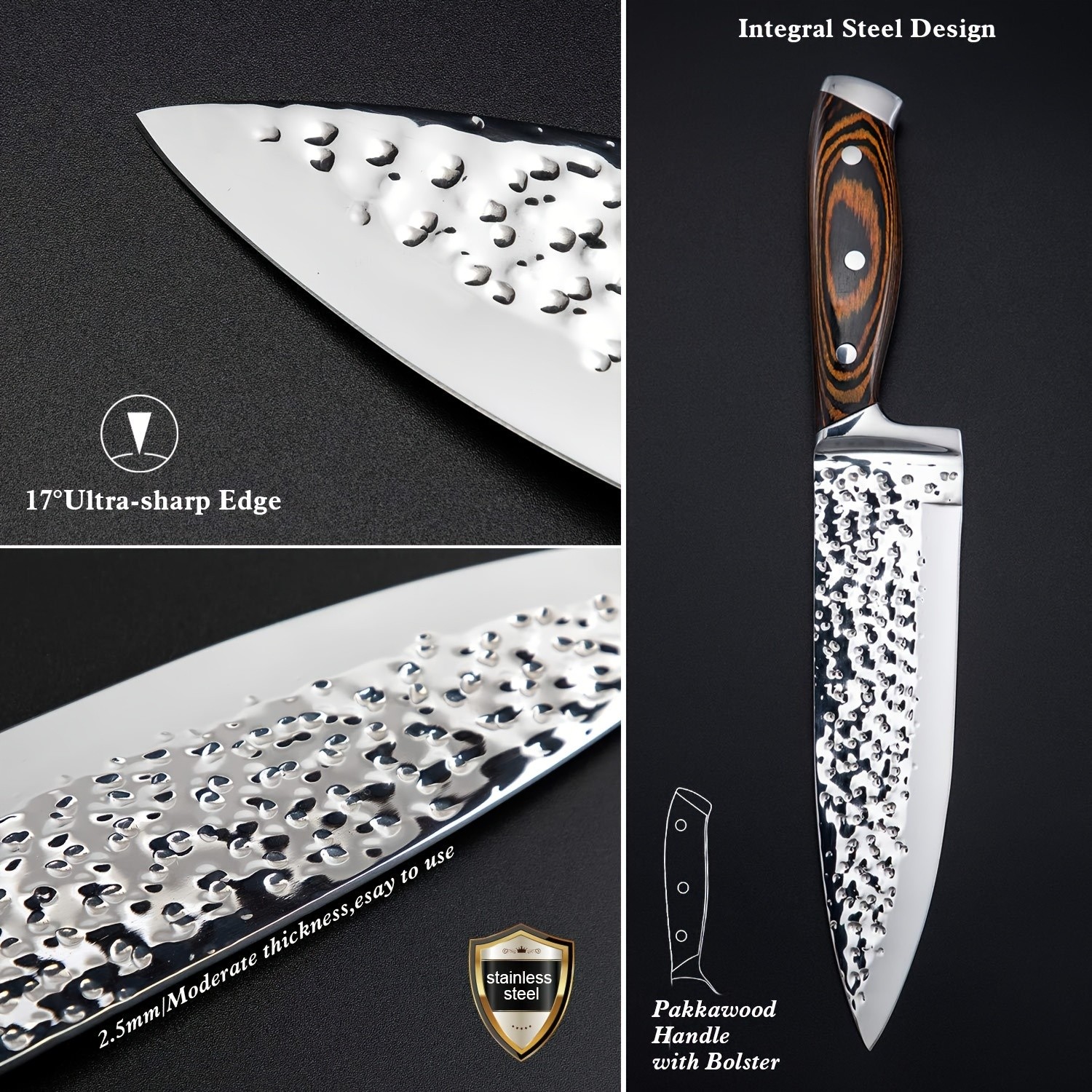 15-Piece Kitchen Knife Set with Wooden Block  Self-Sharpening Chef Knife Set, High Carbon Japanese Stainless Steel, Hammered Collection, Includes Steak Knives, Boxed Knife Set