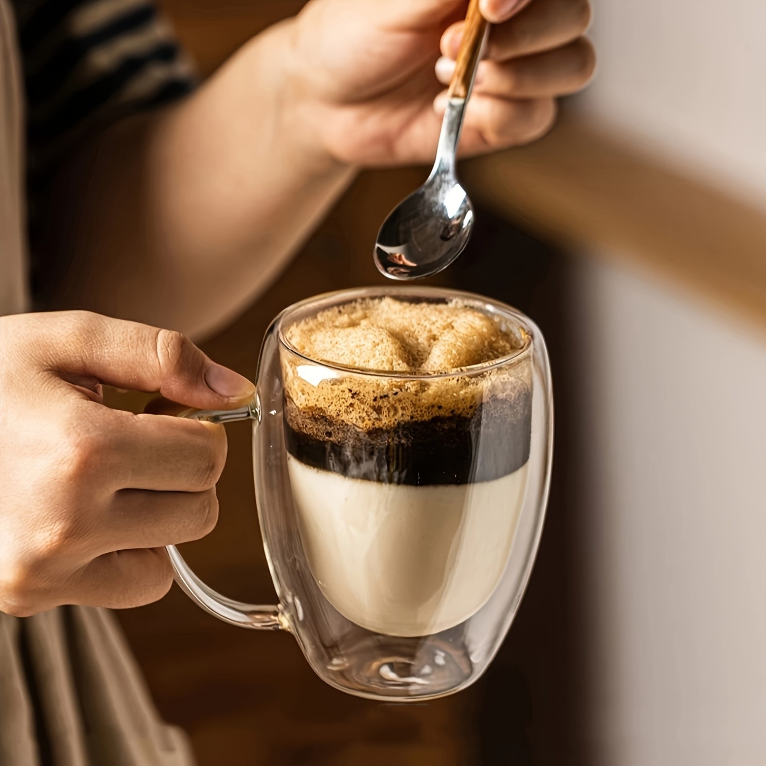 6pcs Double Walled Glass Cups with Spoons  Clear Espresso Coffee Tea Mugs, Insulated Heat-Resistant Beverage Cups, 350ml/12oz, Perfect for Coffee, Tea, Cappuccino & Lattes, Drinkware for Restaurants and Cafes