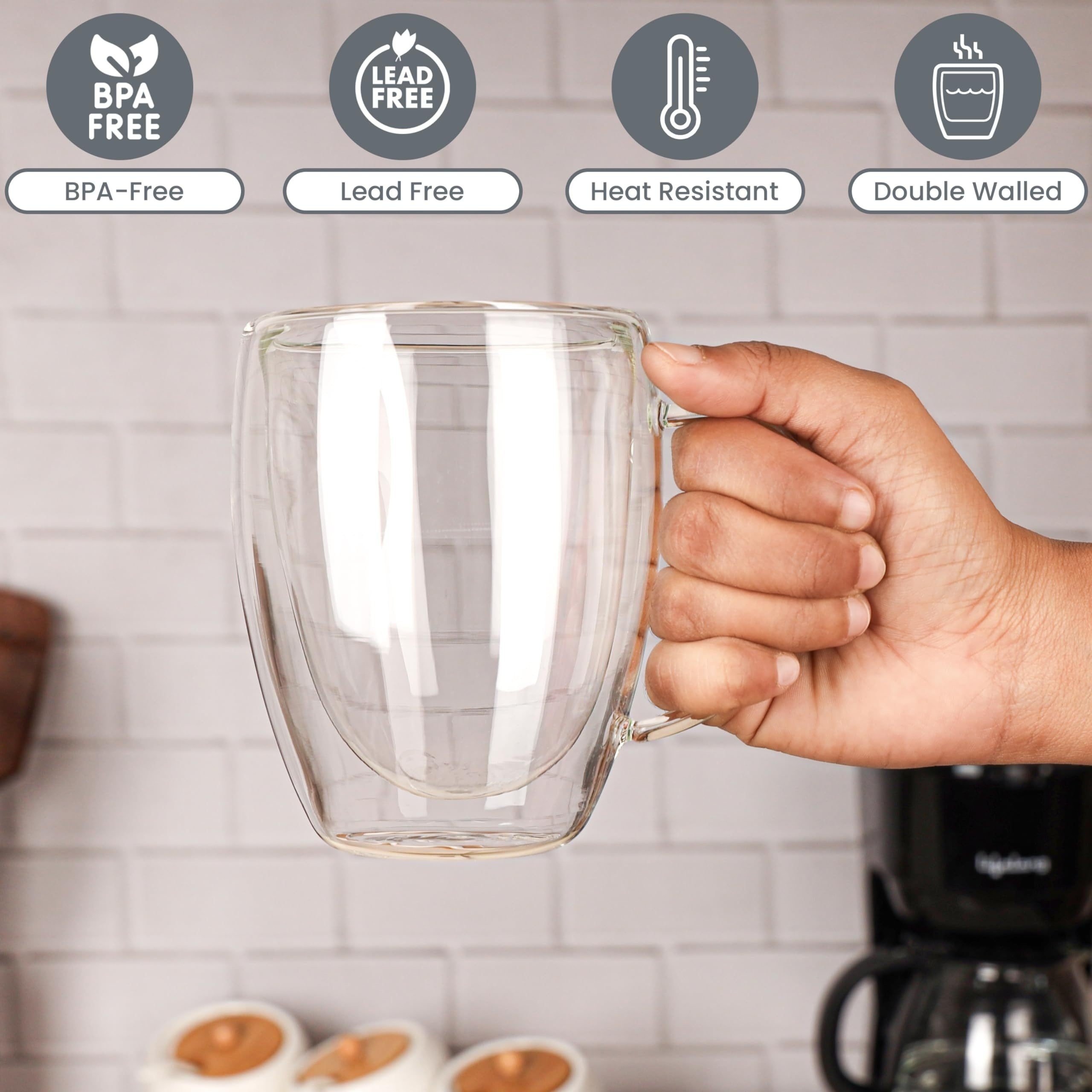 6pcs Double Walled Glass Cups with Spoons  Clear Espresso Coffee Tea Mugs, Insulated Heat-Resistant Beverage Cups, 350ml/12oz, Perfect for Coffee, Tea, Cappuccino & Lattes, Drinkware for Restaurants and Cafes