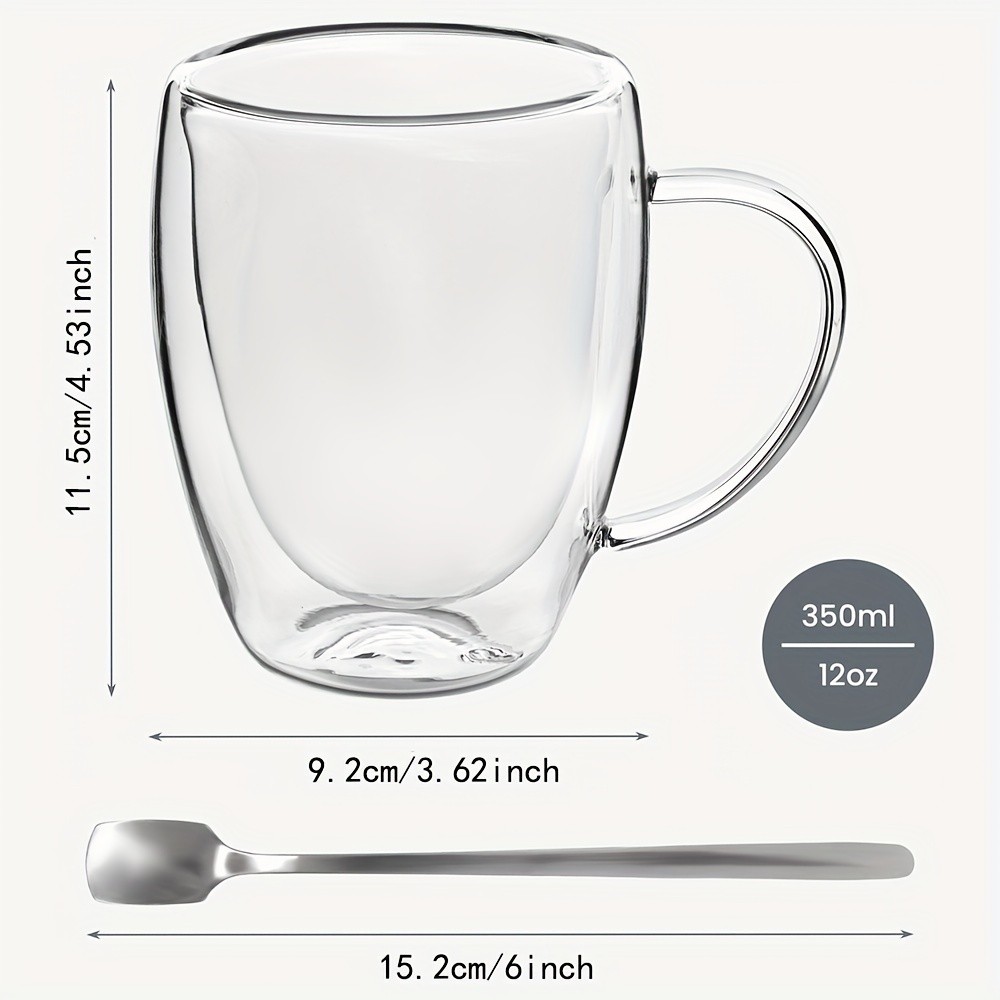 6pcs Double Walled Glass Cups with Spoons  Clear Espresso Coffee Tea Mugs, Insulated Heat-Resistant Beverage Cups, 350ml/12oz, Perfect for Coffee, Tea, Cappuccino & Lattes, Drinkware for Restaurants and Cafes