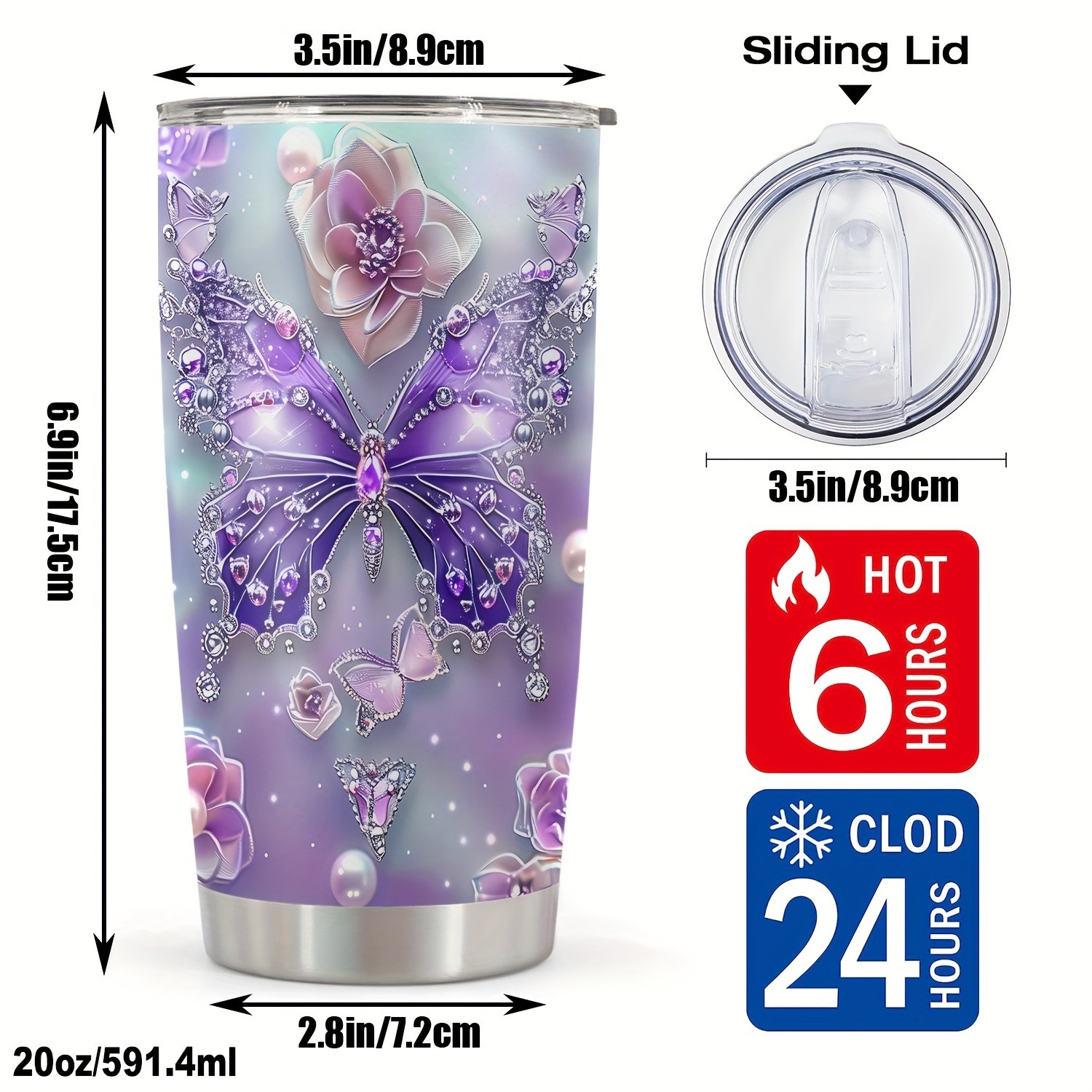 1pc 20oz Tumbler for Cafe Butterfly Funny Print Mug Tumbler, Travel Tumbler for Wedding and Birthday Gifts for Mom, Coworker, Eid Al-Adha Mubarak