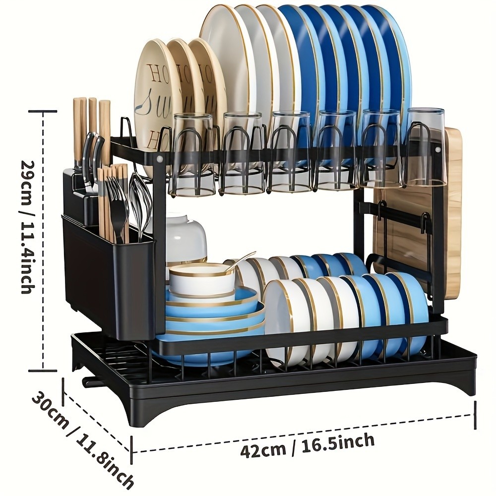 2-Tier Dish Rack with Utensil Holder Rustproof Kitchen Dish Drying Rack with Drainboard for Kitchen Countertop