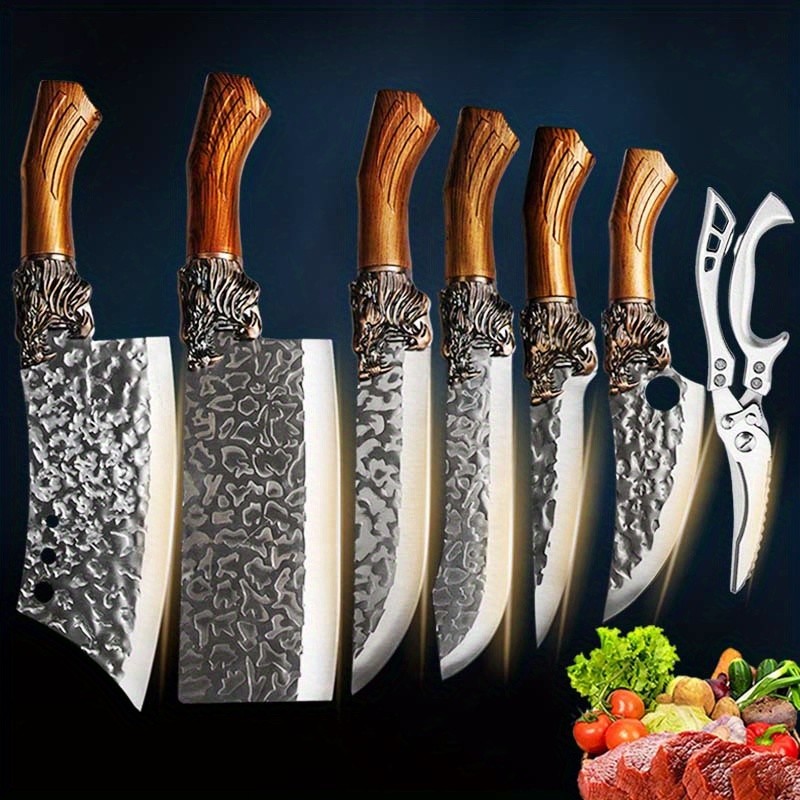 7-Piece Handmade Forged Knife Professional Kitchen Chef Knife Set  Stainless Steel Chef Knife, Utility Knife, Boning Knife, Cutting Knife, Fish Knife, Butcher Knife, Kitchen Scissors