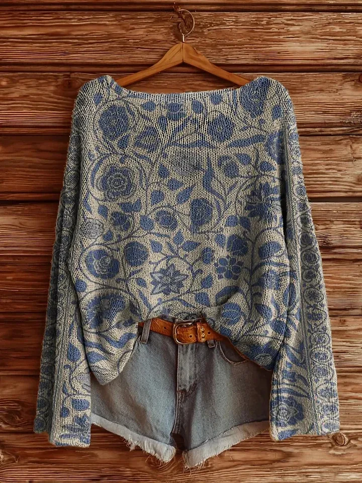 Women's Printed Loose Retro Long-sleeved Brushed Top