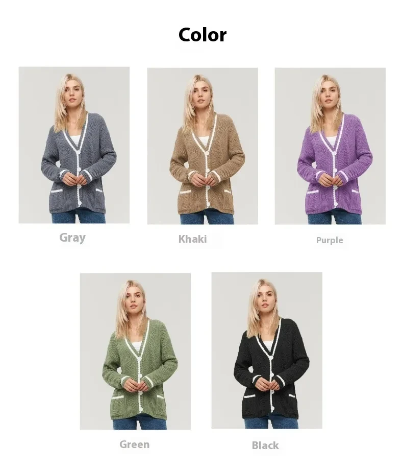 Women's All-match V-neck Pocket Color Matching Knitted Long Sleeve Sweater Coat