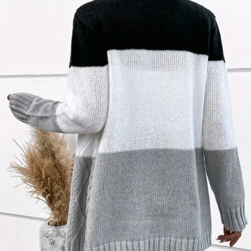 European And American Contrast Color Striped Sweater Coat