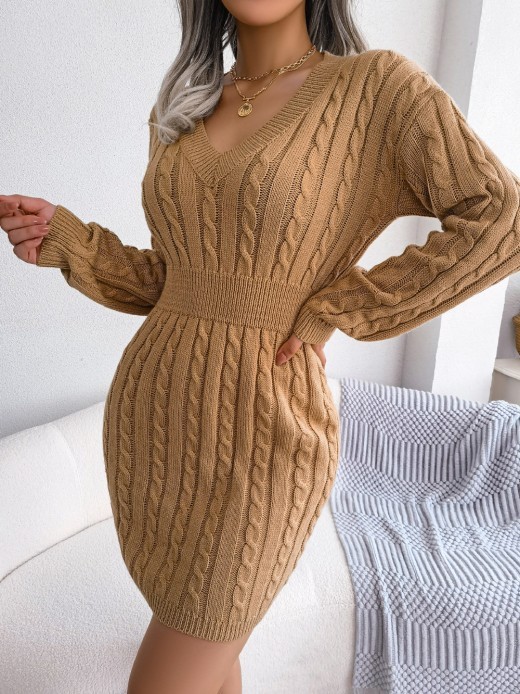 V-Neck Long Sleeve Knit Dress Ins Fashion Slim Waisted Hip Dress