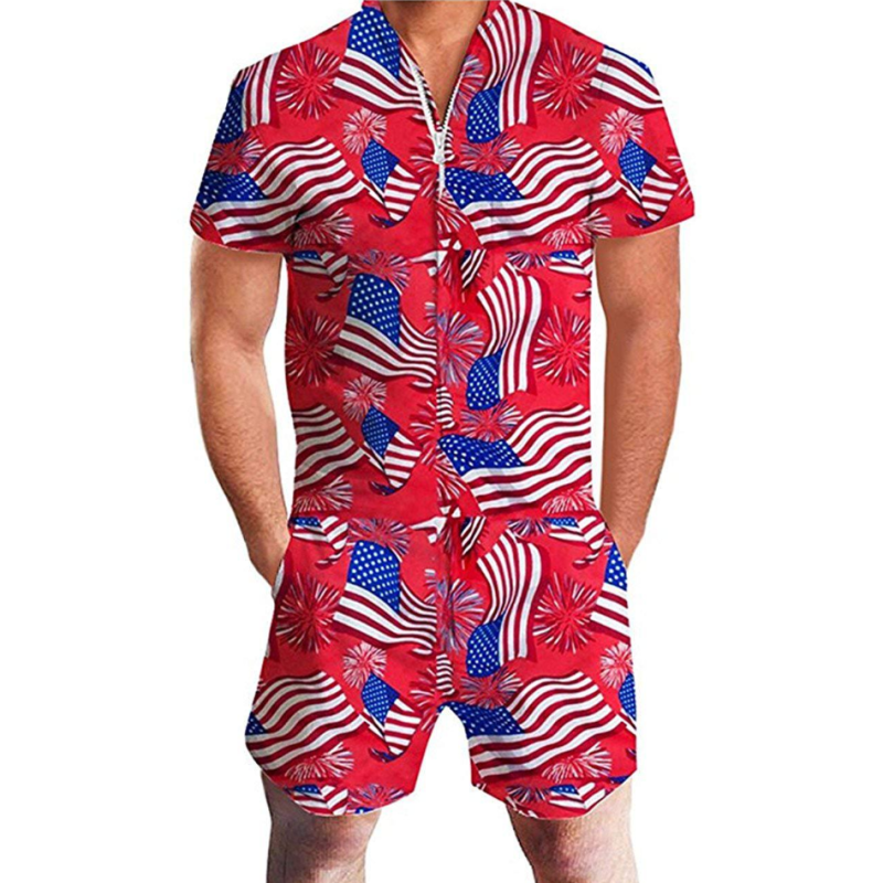 Summer short-sleeve jumpsuit Hawaiian American Flag