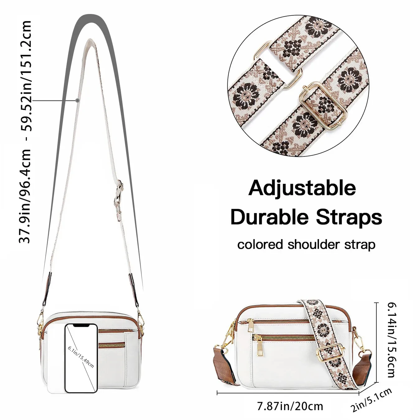 Triple-zipper Shoulder Bag With Floral Embroidered Straps Fashion Colorblock Multi-functional Crossbody Bags For Women