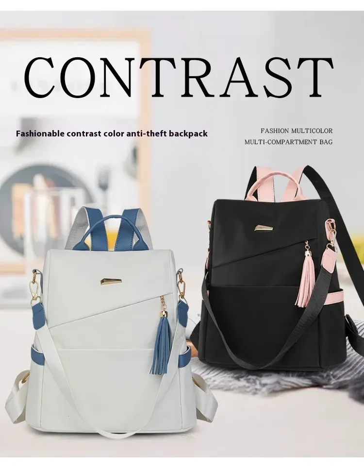 Oxford Cloth Stitching Women'S Backpack Anti-Theft Back Zipper Girls Schoolbag Casual Travel Double Shoulder Backpack