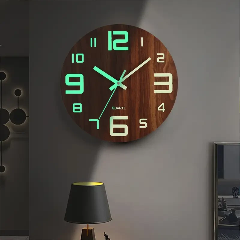 Walnut Wood Color Wooden Luminous Wall Clock