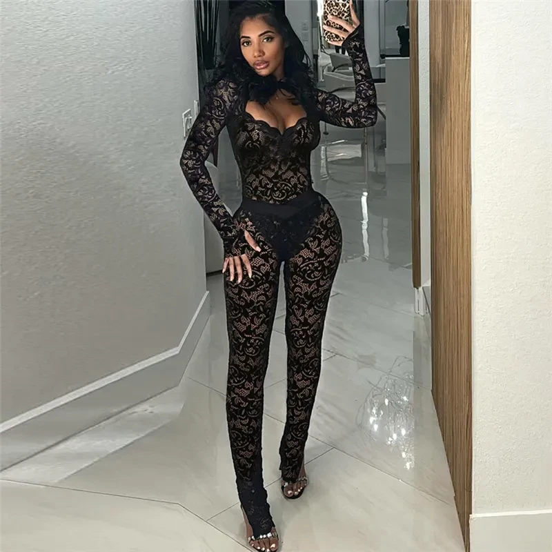 Fashion Solid Color Lace See-through Hollow Out Stitching Slim Fit Sexy