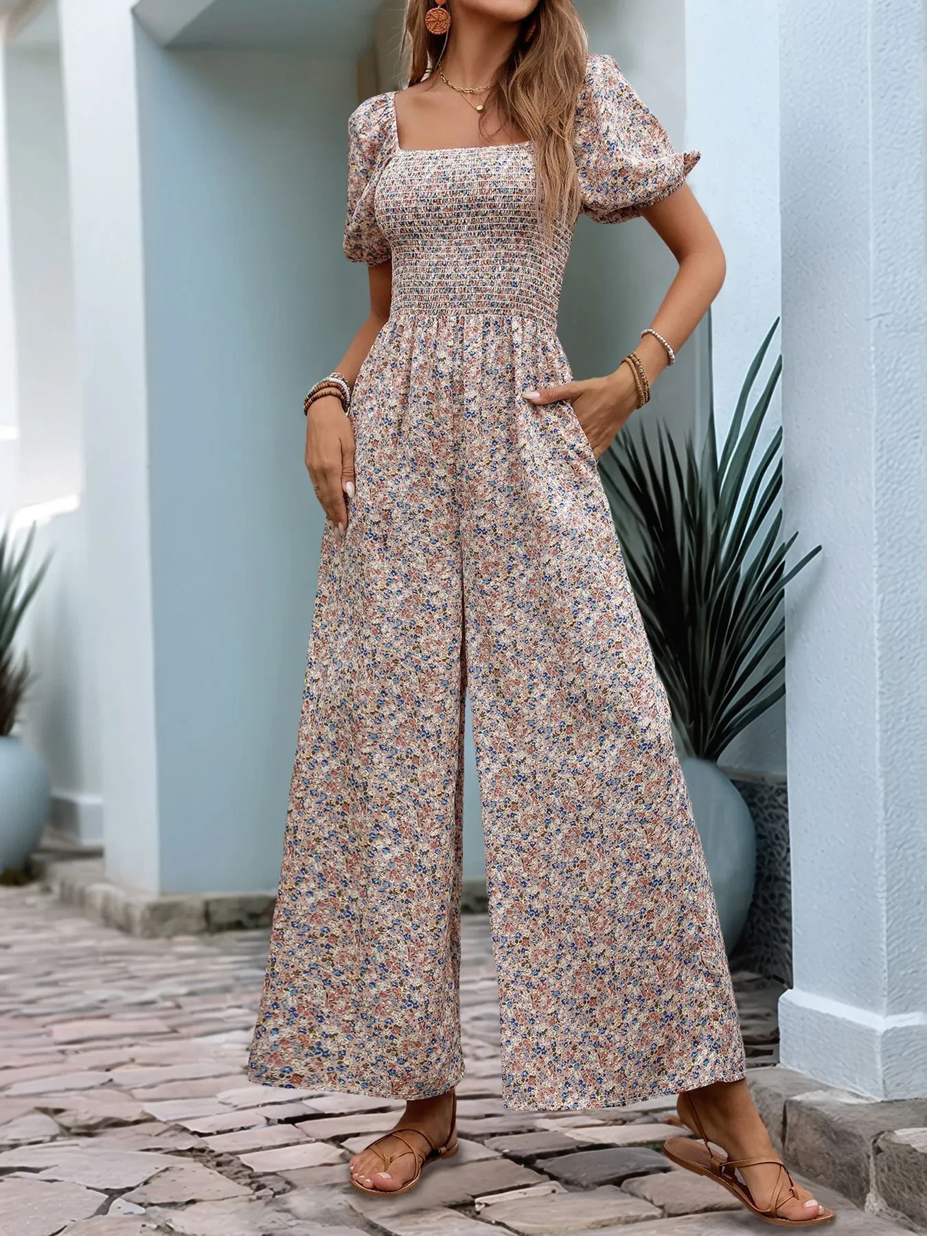 Square Collar Puff Sleeve Vacation Style Floral Jumpsuit