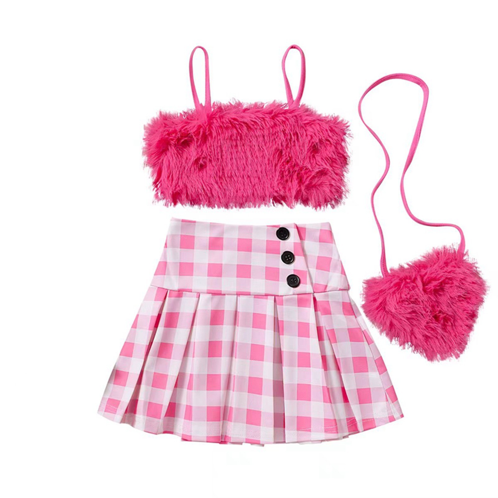 Girls' Fur Sling Solid Color Fur Button Pleated Skirt Bag