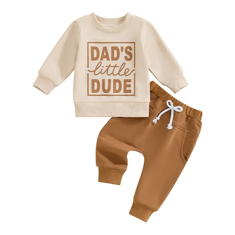 Boys' Letter Printed Long-sleeved Pullover Sweater Solid Color Trousers Two-piece Set