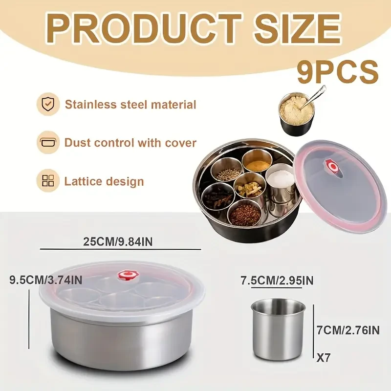 Thickened Stainless Steel Round 7-Spice Container with Lid and Spoo