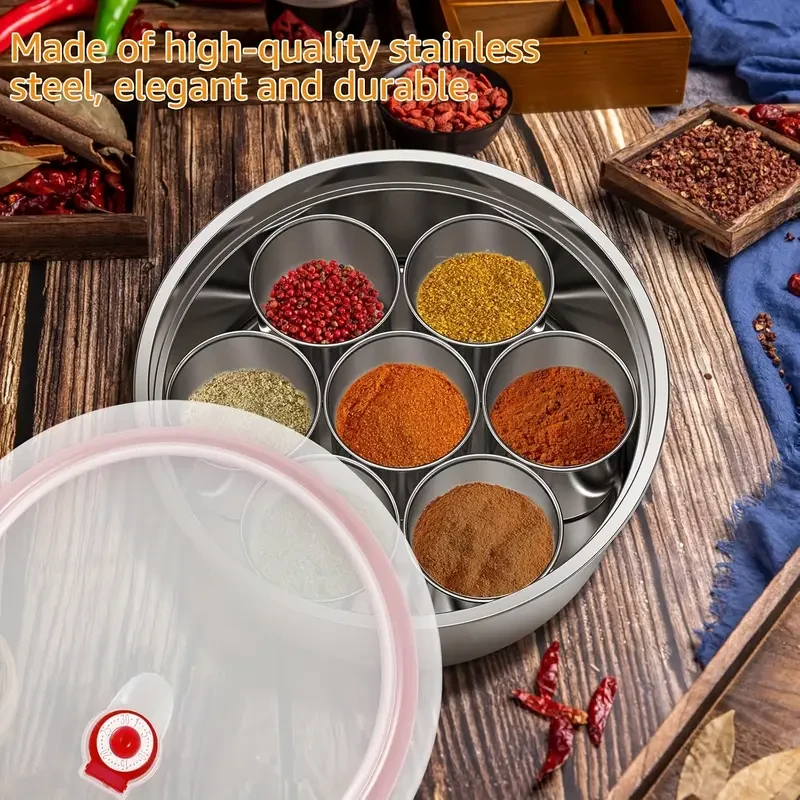 Thickened Stainless Steel Round 7-Spice Container with Lid and Spoo