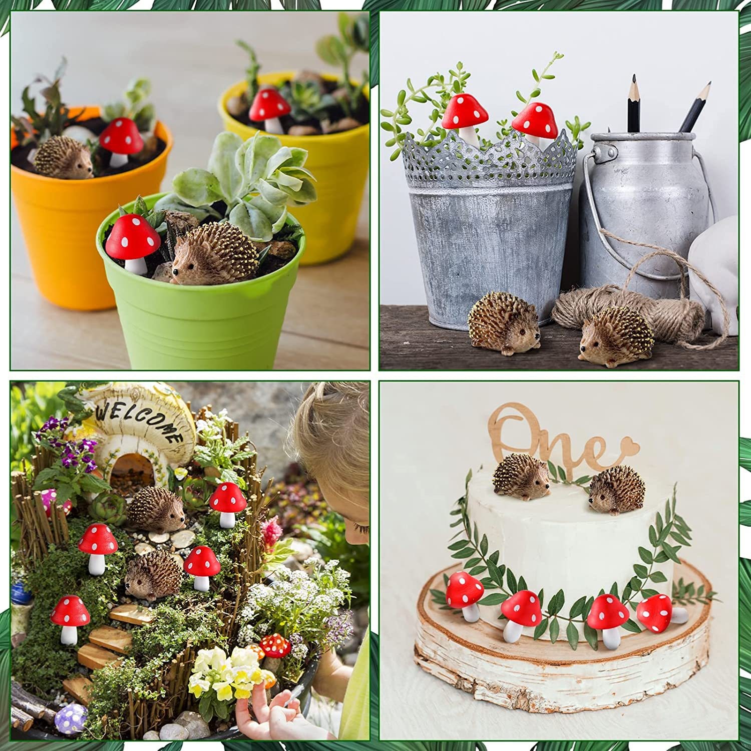 Resin Hedgehog And Wood Mushroom Garden Accessories Micro Landscape