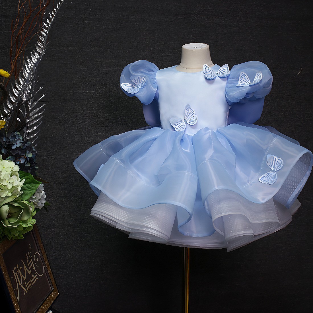 Blue For Children Short Butterfly Dress New Bubble Skirt