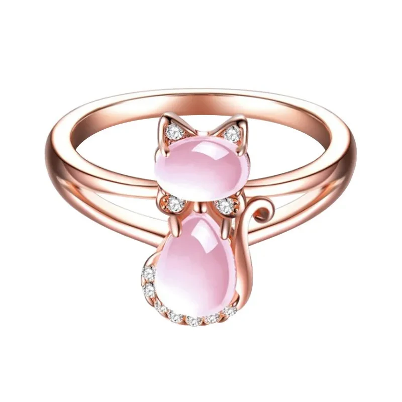Rose Gold Plated Crystal Cute Animal Cat Ring Hibiscus Stone Crystal Diamond Ring Women Party Jewelry For Pet Lovers