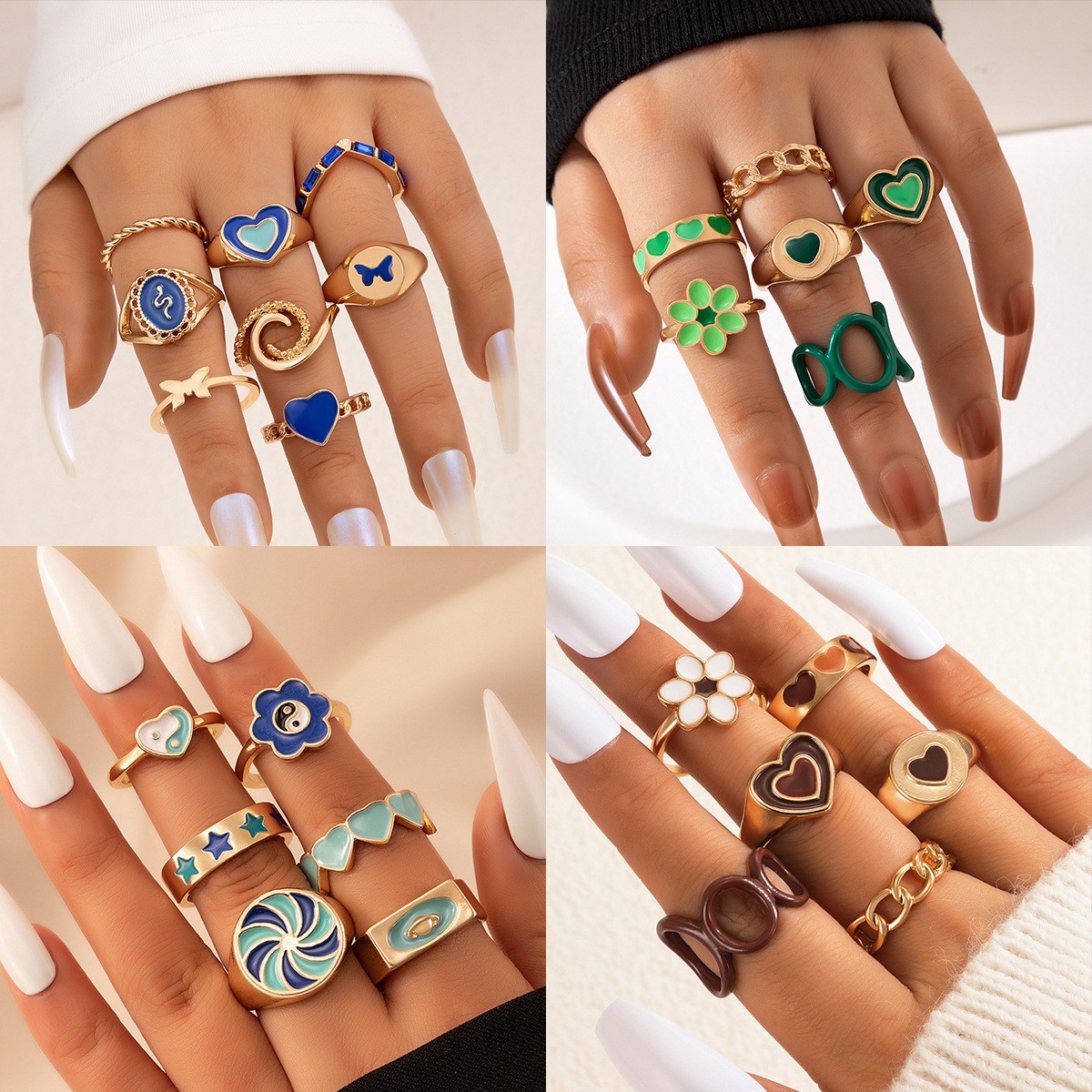 European And American Love Oil Dripping Ring Six-piece Set Geometric Flower Ring Set Suit