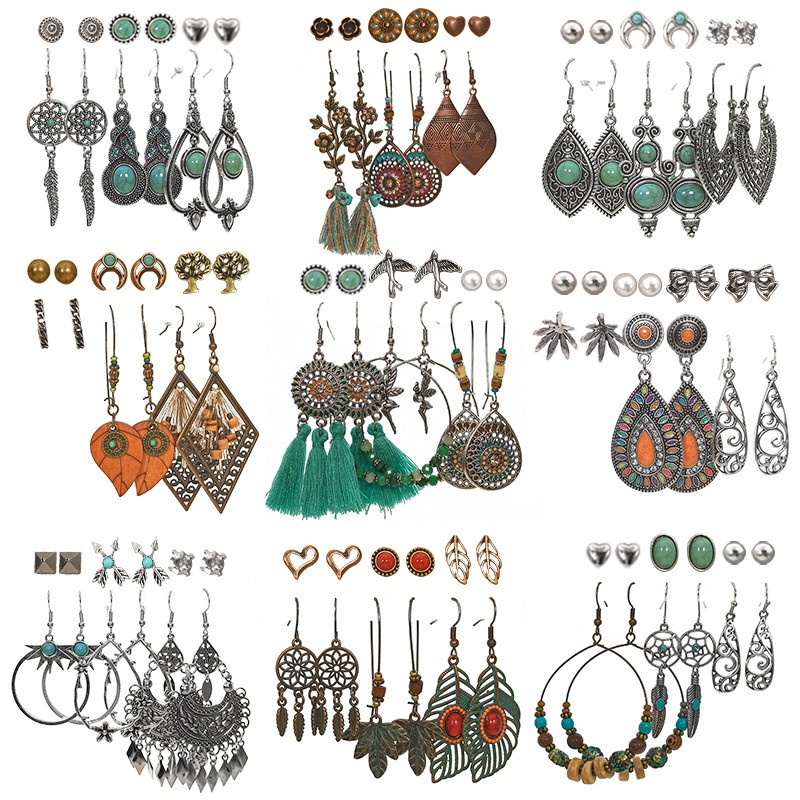 Slimming Cross-border Earrings Suit Combination Bohemian Ethnic Exquisite Water Drop Leaves Lovely Electroplated Beaded Earrings