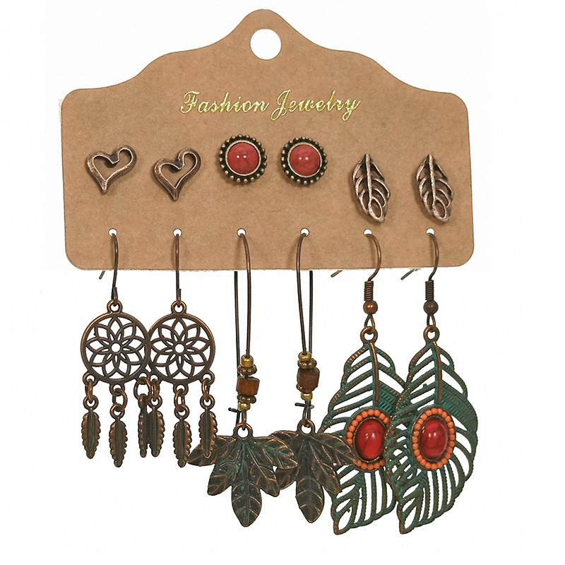 Slimming Cross-border Earrings Suit Combination Bohemian Ethnic Exquisite Water Drop Leaves Lovely Electroplated Beaded Earrings