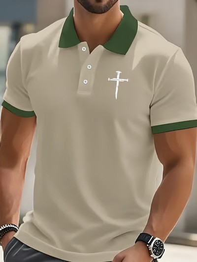 Polyester Printed Solid Color Polo Shirt Short Sleeve Men