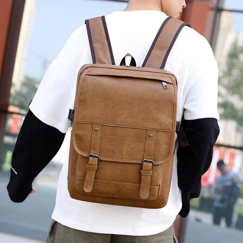 High School Men's Leather Bag Retro Backpack