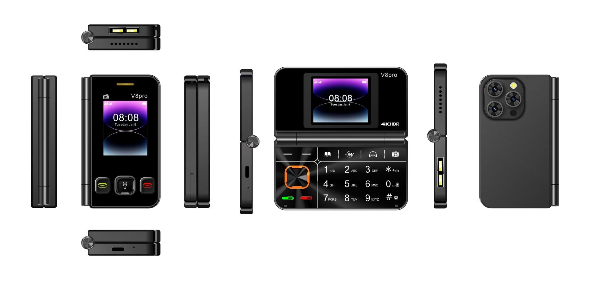 V8pro Dual Screen Folding Flip Function Mobile Phone