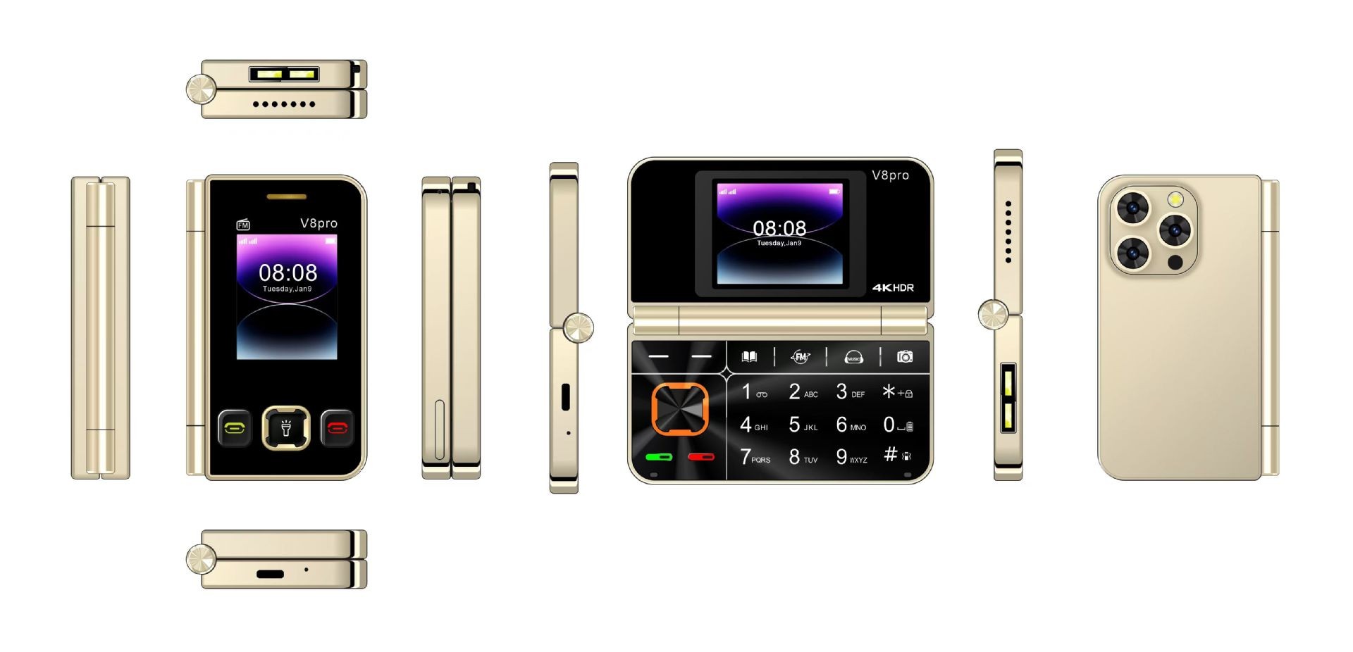 V8pro Dual Screen Folding Flip Function Mobile Phone