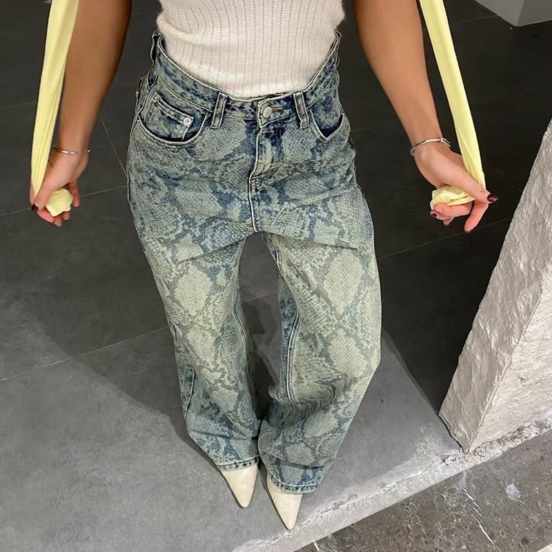 Women's American Style Spliced Snake Pattern Straight Leg Jeans