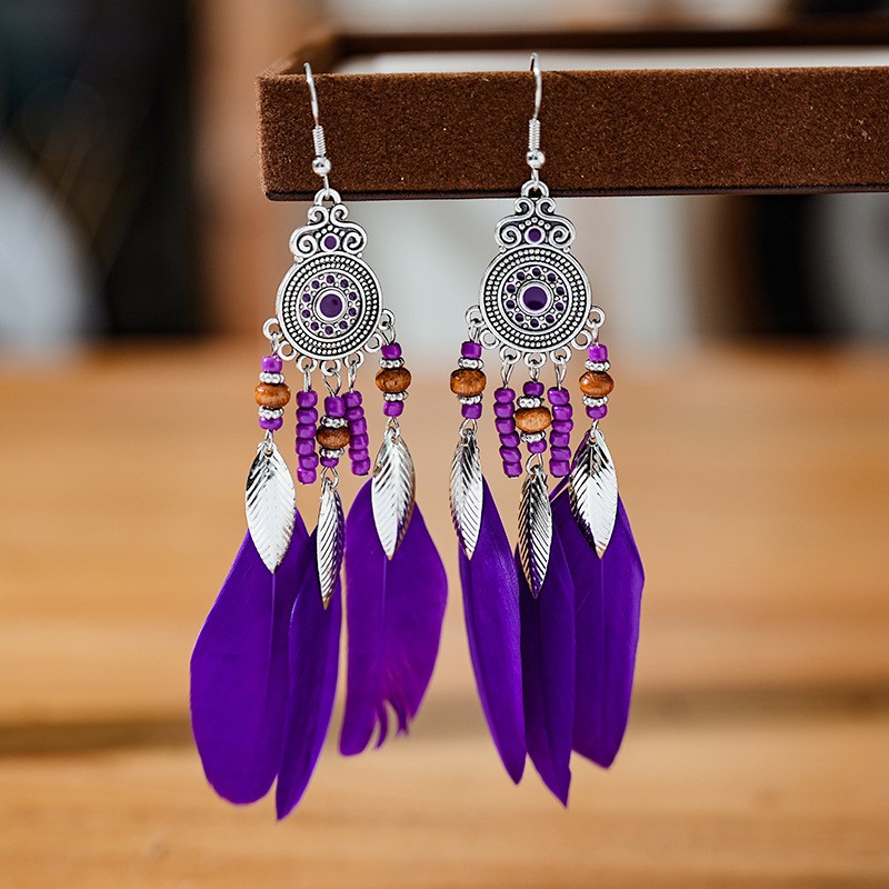 Feather Earrings Round Drop Oil Craft Earrings Retro
