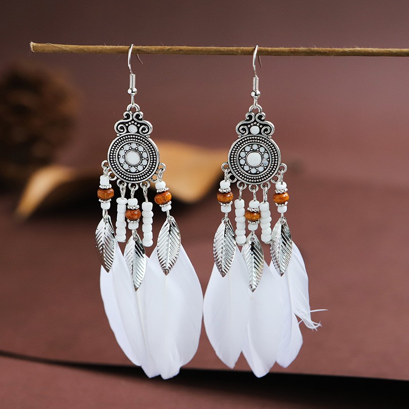 Feather Earrings Round Drop Oil Craft Earrings Retro